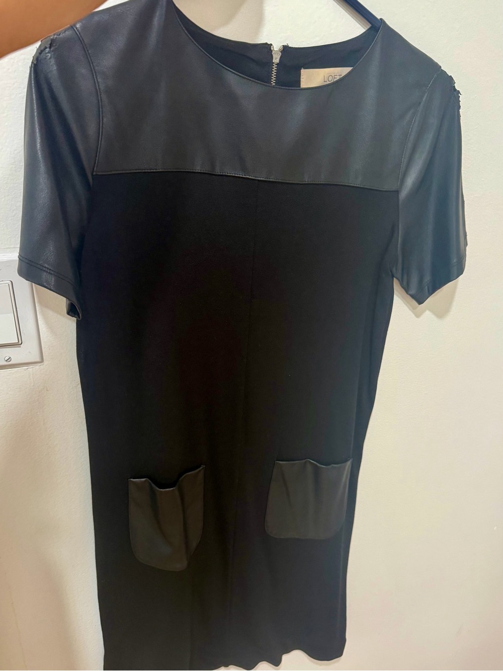 LOFT Black Short Sleeve Mixed-Media Shift Dress